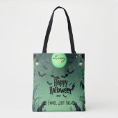 Gepersonaliseerde Happy Halloween met groene maan, Tote Bag (Voorkant)
