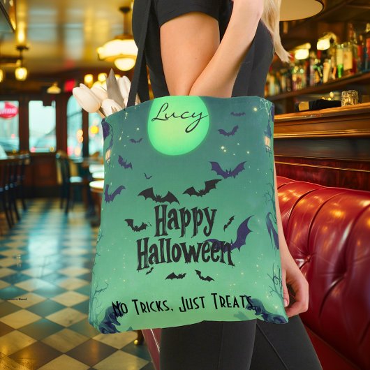 Gepersonaliseerde Happy Halloween met groene maan, Tote Bag