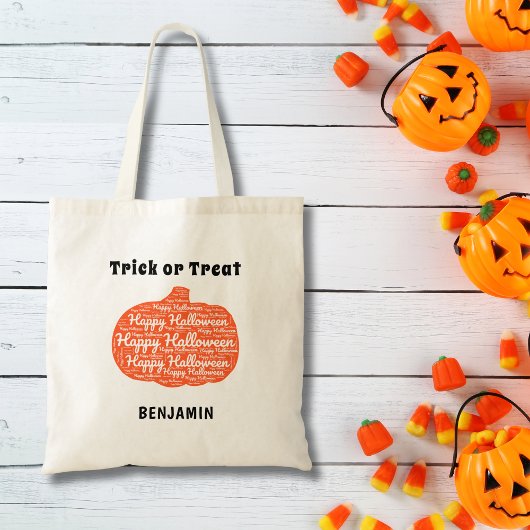 Gepersonaliseerde Happy Halloween Pumpkin Word Art Tote Bag