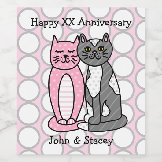 Gepersonaliseerde Happy Jubileum Cute Cudly Cats Wijn Etiket (Enkel label)