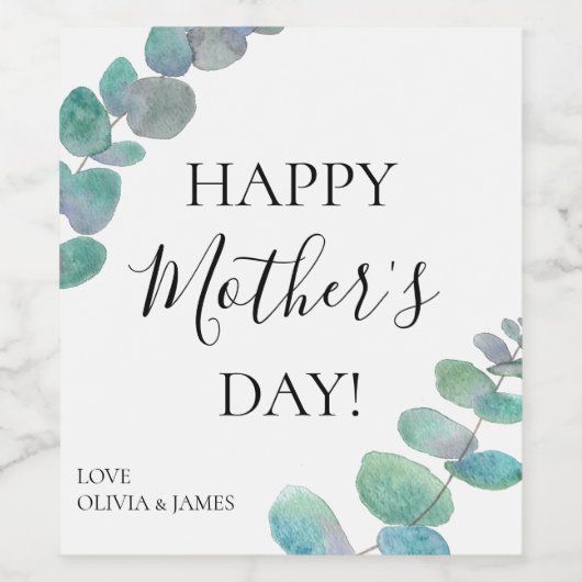 Gepersonaliseerde Happy Moederdag Eucalyptus Wijn Etiket (Enkel label)