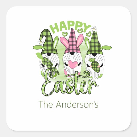 Gepersonaliseerde Happy Paasgnomen roze Groen Vierkante Sticker (Voorkant)