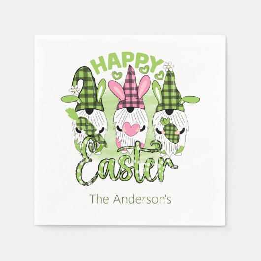 Gepersonaliseerde Happy Paasgnomen Roze Groene Par Servet (Voorkant)