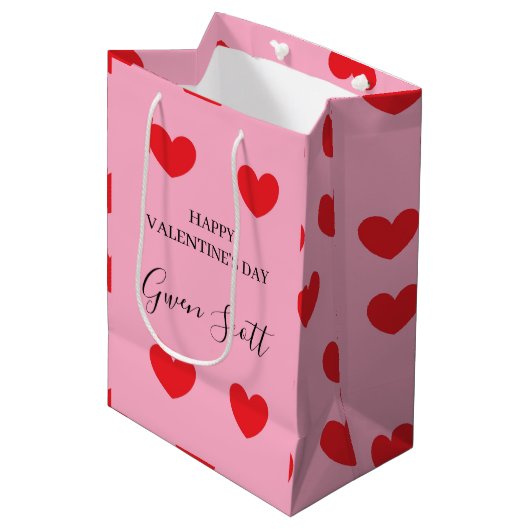 Gepersonaliseerde Happy Valentijns's rood hart roz Medium Cadeauzakje (Voorkant Gekanteld)