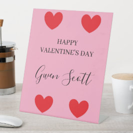 Gepersonaliseerde Happy Valentijns's rood hart roz Reclamebord Met Voetstuk