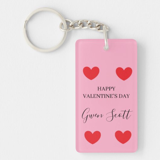 Gepersonaliseerde Happy Valentijns's rood hart roz Sleutelhanger (Voorkant)