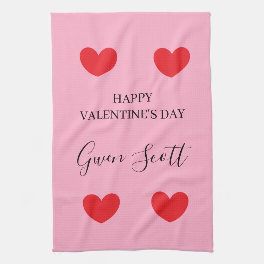 Gepersonaliseerde Happy Valentijns's rood hart roz Theedoek (Verticaal)