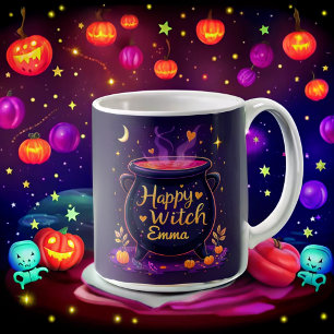Gepersonaliseerde Happy Witch Halloween Cauldron Koffiemok