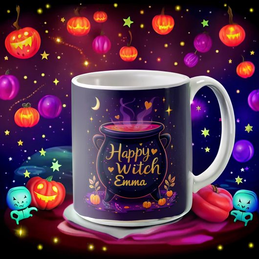 Gepersonaliseerde Happy Witch Halloween Cauldron Koffiemok