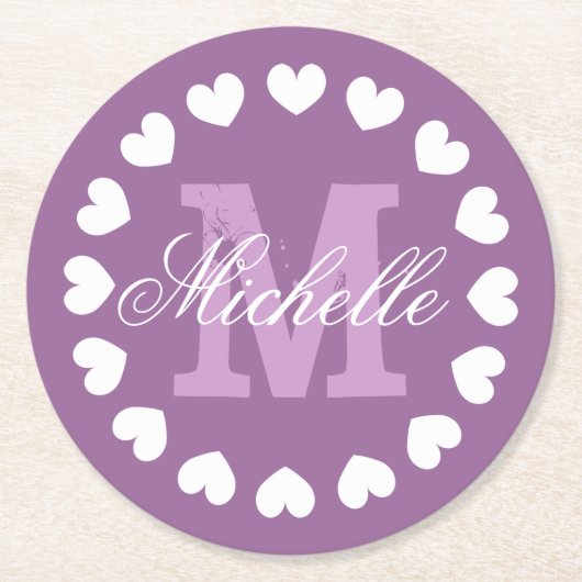 Gepersonaliseerde hart monogram bruiloft partij on ronde kartonnen onderzetter (Voorkant)