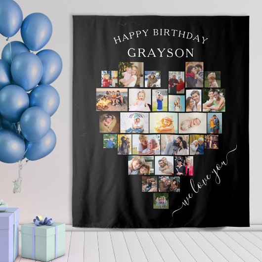 Gepersonaliseerde hartfoto Collage Happy Birthday Wandkleed