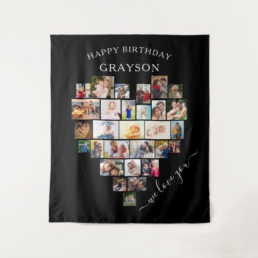 Gepersonaliseerde hartfoto Collage Happy Birthday Wandkleed (Voorkant)