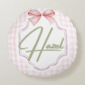 Gepersonaliseerde Hazel Baby Girl Nursery Bow & Gi Rond Kussen (Voorkant)