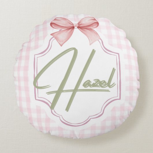 Gepersonaliseerde Hazel Baby Girl Nursery Bow & Gi Rond Kussen (Voorkant)