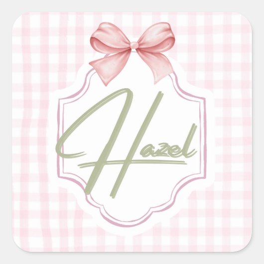 Gepersonaliseerde Hazel Baby Girl Nursery Bow & Gi Vierkante Sticker (Voorkant)