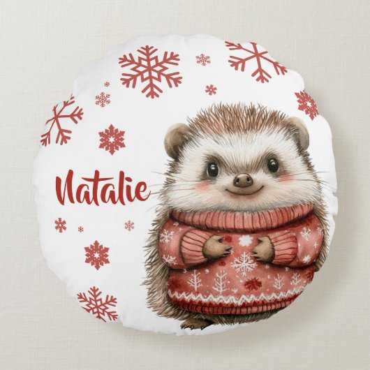 Gepersonaliseerde Hedgehog Christmas Snowflake Rond Kussen (Voorkant)