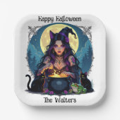 Gepersonaliseerde heks en ketel Halloween Papieren Bordje (Voorkant)