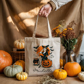 Gepersonaliseerde  heks op Pumpkin Cauldron Tote Bag