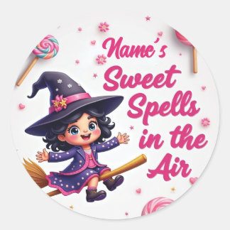 Gepersonaliseerde Heks & Snoep Sky Halloween Ronde Sticker