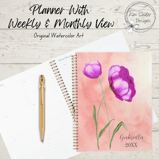 Gepersonaliseerde helder roze bloemen planner