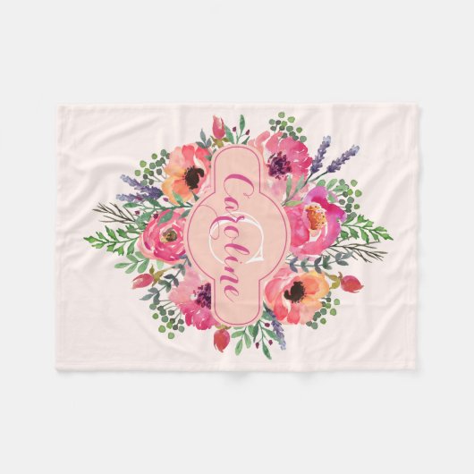 Gepersonaliseerde Heldere Bloemen - Roze & perzik  Fleece Deken (Voorkant (Horizontaal))