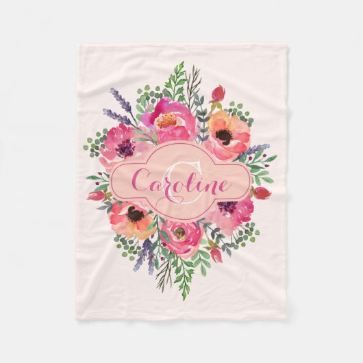 Gepersonaliseerde Heldere Bloemen - Roze & perzik  Fleece Deken (Voorkant)