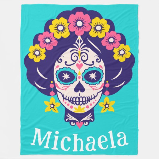 Gepersonaliseerde Heldere Bloemen Suiker Schedel M Fleece Deken (Voorkant)