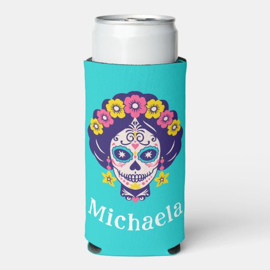 Gepersonaliseerde Heldere Bloemen Suiker Schedel M Seltzer Blikjeskoeler (Seltzer Voorkant)