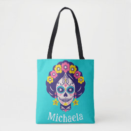 Gepersonaliseerde Heldere Bloemen Suiker Schedel M Tote Bag