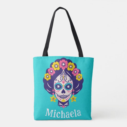 Gepersonaliseerde Heldere Bloemen Suiker Schedel M Tote Bag (Achterkant)