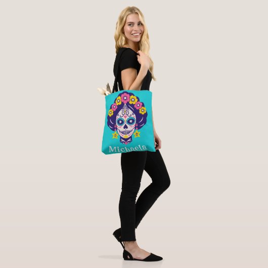 Gepersonaliseerde Heldere Bloemen Suiker Schedel M Tote Bag (Op model)