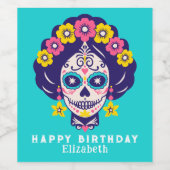 Gepersonaliseerde Heldere Bloemen Suiker Schedel V Wijn Etiket (Enkel label)