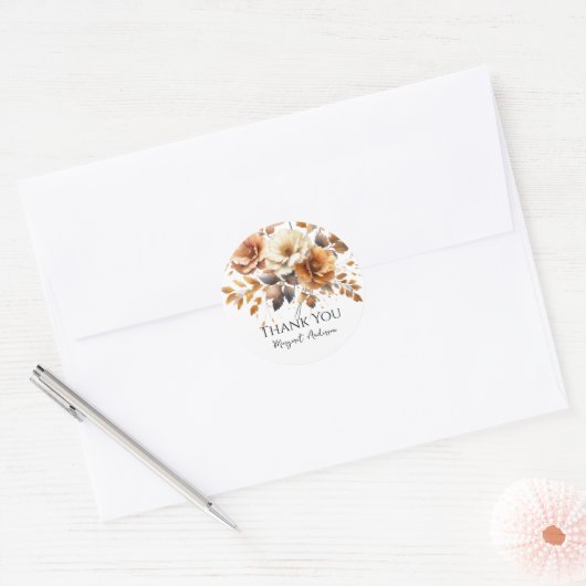 Gepersonaliseerde Herfst Bruin Bloemen Elegant Dan Ronde Sticker (Envelop)