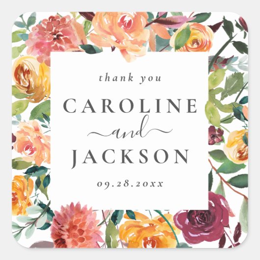 Gepersonaliseerde Herfst Floral Dank je wel gunst Vierkante Sticker (Voorkant)