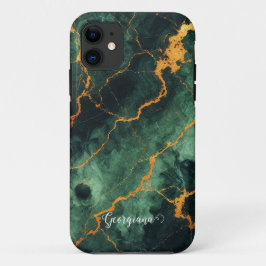 Gepersonaliseerde herfstbos groen & goud marmer Case-Mate iPhone case