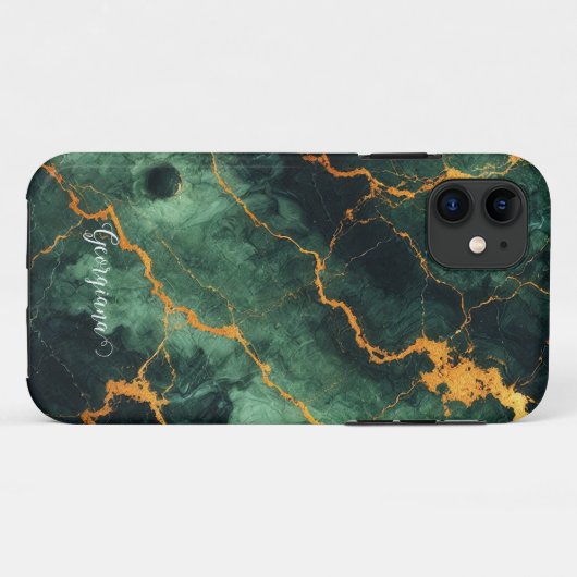 Gepersonaliseerde herfstbos groen & goud marmer Case-Mate iPhone case (Achterkant (horizontaal))