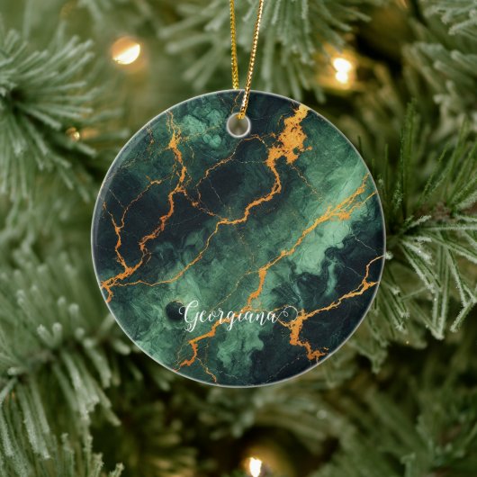 Gepersonaliseerde herfstbos groen & goud marmer keramisch ornament (Boom)