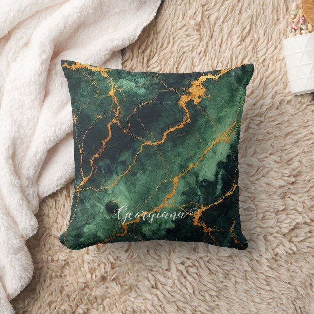 Gepersonaliseerde herfstbos groen & goud marmer kussen (Deken)