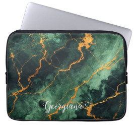 Gepersonaliseerde herfstbos groen & goud marmer laptop sleeve