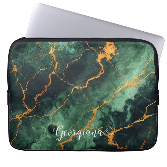 Gepersonaliseerde herfstbos groen & goud marmer laptop sleeve (Voorkant)
