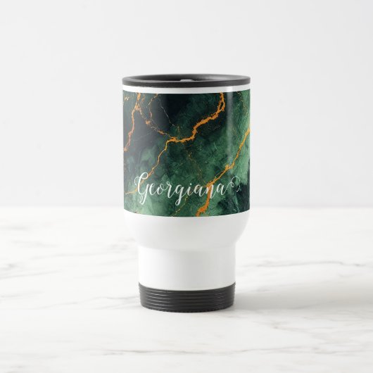 Gepersonaliseerde herfstbos groen & goud marmer reisbeker (Center)