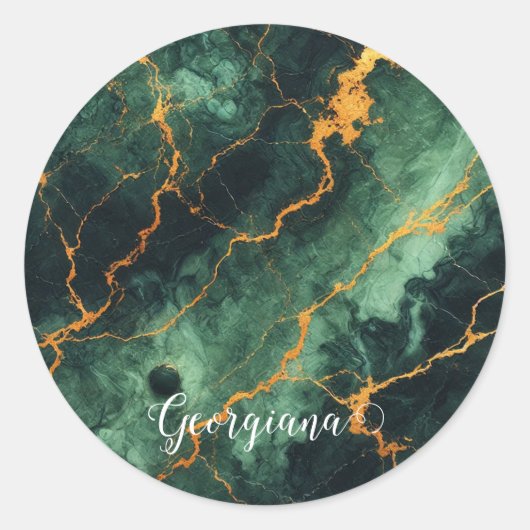 Gepersonaliseerde herfstbos groen & goud marmer ronde sticker (Voorkant)
