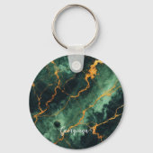 Gepersonaliseerde herfstbos groen & goud marmer sleutelhanger (Voorkant)