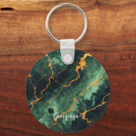 Gepersonaliseerde herfstbos groen & goud marmer sleutelhanger