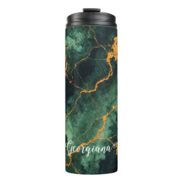 Gepersonaliseerde herfstbos groen & goud marmer thermosbeker