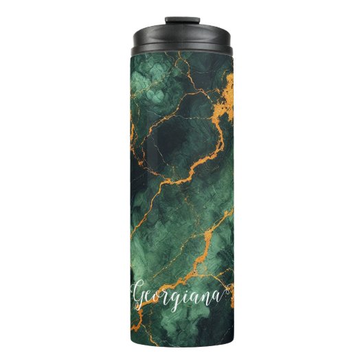 Gepersonaliseerde herfstbos groen & goud marmer thermosbeker (Voorkant)