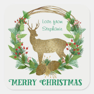 Gepersonaliseerde herten en dennen Bough Kerstkran Vierkante Sticker
