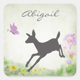 Gepersonaliseerde  Herten, Vlinder en Bloemen Vierkante Sticker