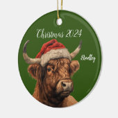 Gepersonaliseerde Highland Koe met Santa Pet Keramisch Ornament (Links)