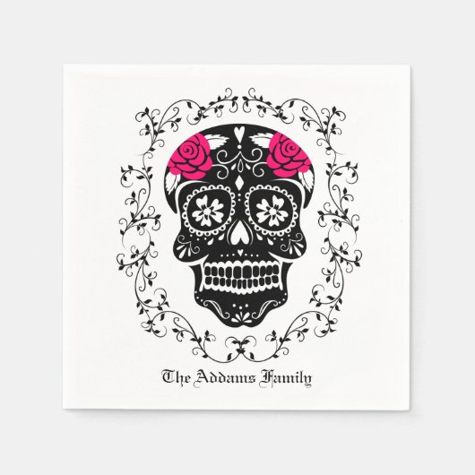 Gepersonaliseerde hipster Black & Roze Sugar Skull Servet (Voorkant)
